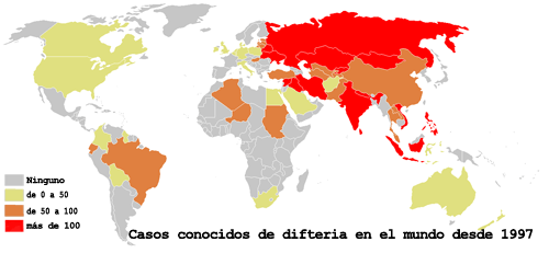 mapa indicando donde se encuentran los casos conocidos de difteria en el mundo desde 1997
