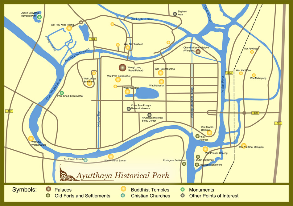 Mapa del Parque Histórico de Ayutthaya