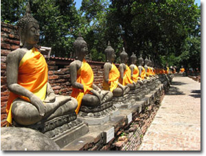 Patio con imágenes de Buda en el templo Wat Yai Chaimonkorn