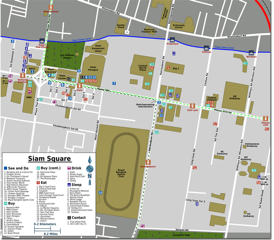 mapa de la zona de siam square en Bangkok