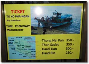 Cartel con los precios de los ferrys a Ko Pha Ngan desde Ko Samui