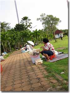 Vendiendo comida para peces en un parque de Trang